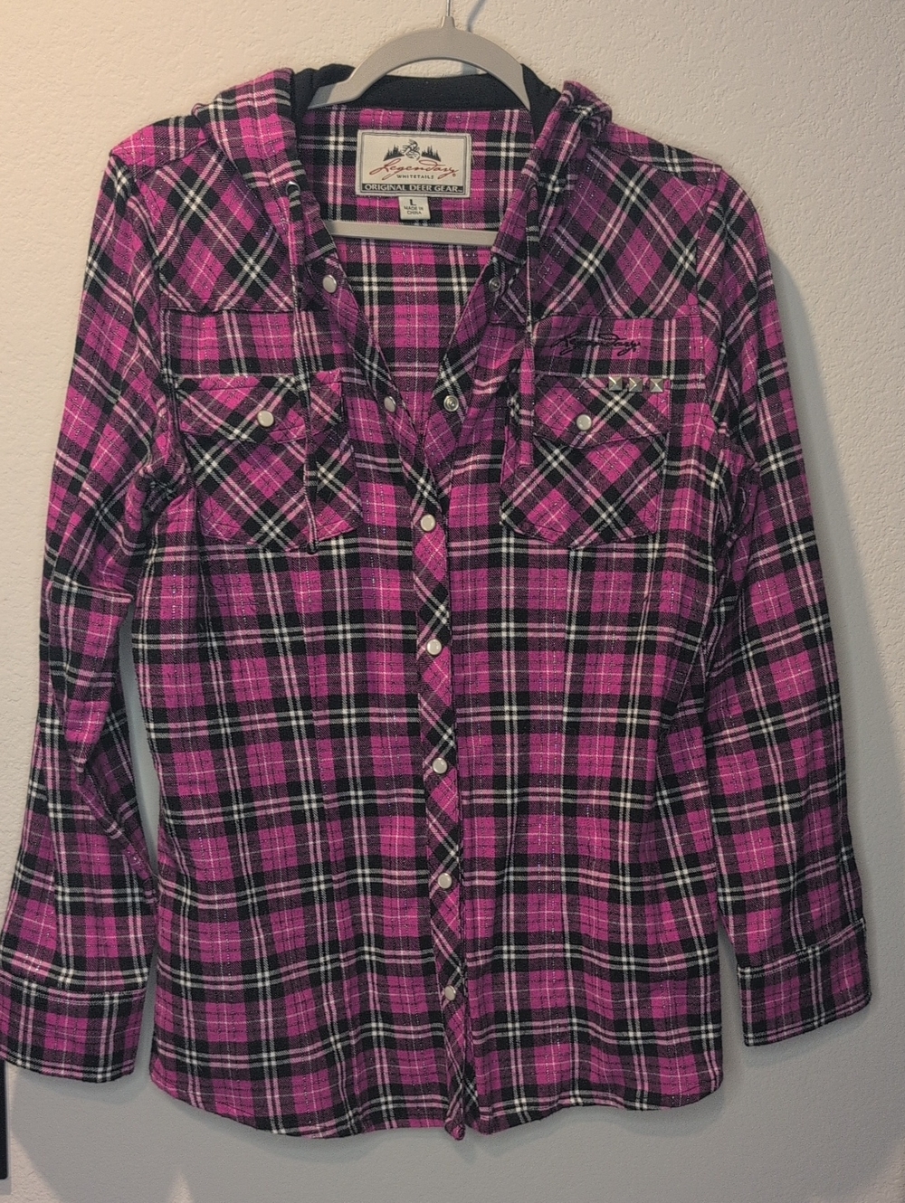Legendary Whitetails Pink and Black Plaid Hooded Button-Down Shirt